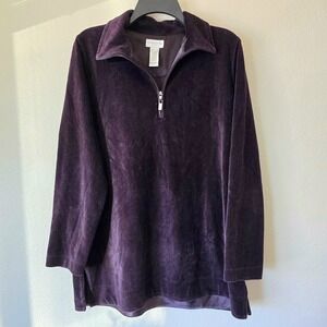 VTG Liz Claiborne Women's Sz Large Purple Velour Rib 1/4 Zip Tunic Top Soft Cozy